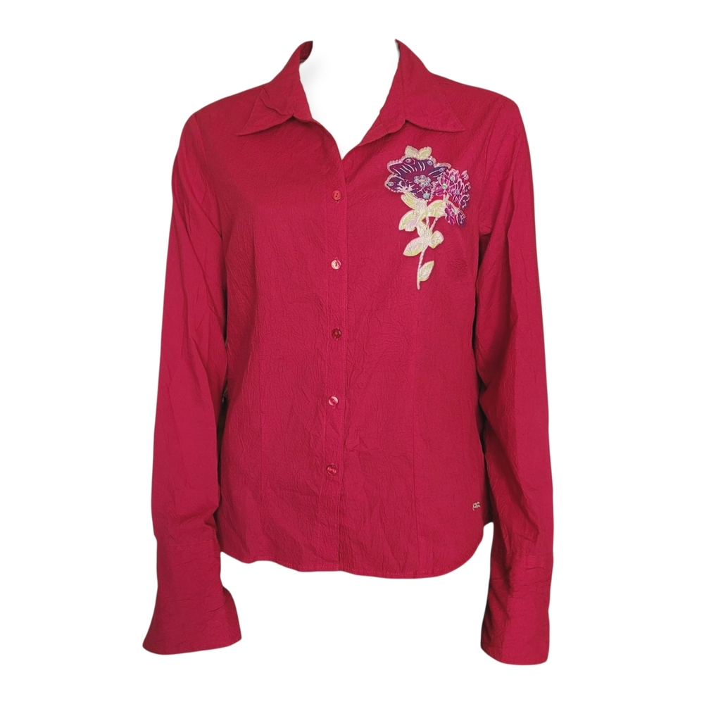 90s Y2K Point Zero Floral Applique Beaded Blouse Red Crinkle Large - Picture 2 of 14